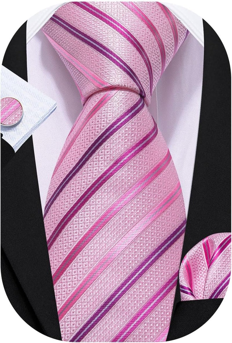 Barry.Wang Store Tie Sets for Men Silk Stripe Necktie Woven Checkered Handkerchief Cufflinks Formal Business Wedding - Image 1